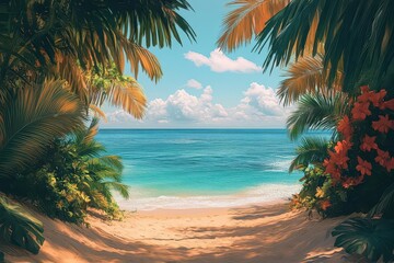 Fototapeta premium tropical beachside scene capturing the essence of summer featuring vibrant colors and playful illustrations perfect for a fun and relaxed tshirt design