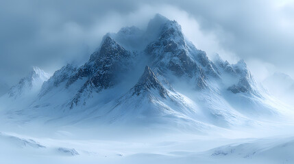 Majestic snow-capped mountains shrouded in mist.