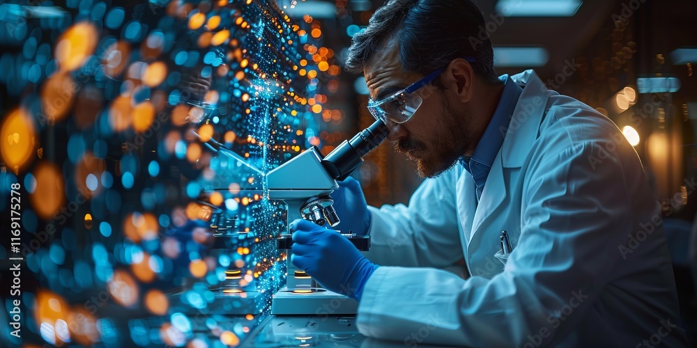 Poster scientist in protective eyewear using a microscope in a modern laboratory with vibrant blue and oran