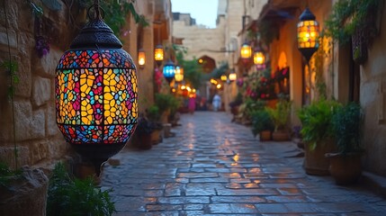 Colorful lanterns illuminate a narrow, stone street at dusk.