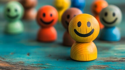 Smiling wooden figures, various colors, teal background.