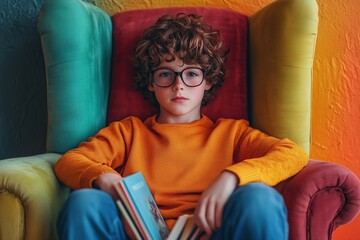Obraz premium Boy engages in virtual book club from colorful chair in cozy setting