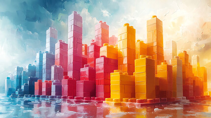Colorful toy block cityscape reflecting on water under a dramatic sky.