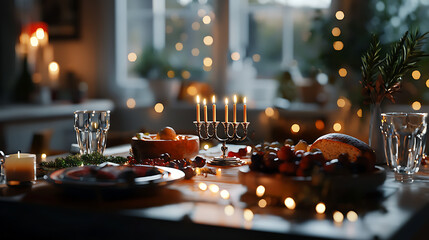 A table is set with a variety of food and drinks, including a bowl of fruit. generated using AI