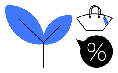 Blue leaf alongside a shopping bag with a price tag and a percentage symbol in a speech bubble. Ideal for eco-friendly shopping, discounts, sales, nature conservation, sustainability, marketing
