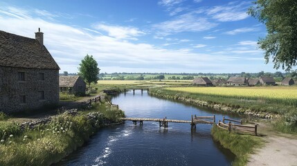 Fototapeta premium Rustic stone building alongside a flowing river with small wooden bridges in a sunny field.