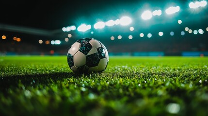 Naklejka premium Close Up Shot of a Football Resting on Grassy Field at Night
