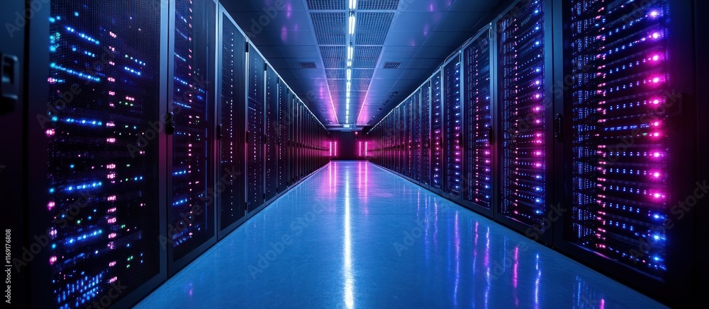 Poster illuminated server room with rows of racks.
