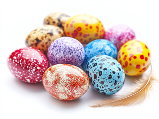 Fototapeta premium A stunning arrangement of colorful quail eggs against a clean white backdrop.