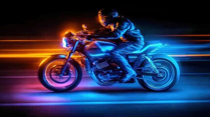 Fototapeta premium Dynamic motorcycle ride with colorful light trails.