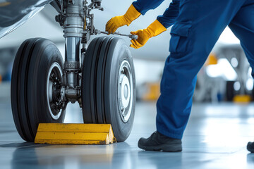 close up of Aircraft Mechanic tightening bolts on airplane landing gear in hangar