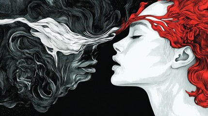 Fototapeta premium A striking portrait of a woman with red hair, juxtaposed against swirling black and white elements.