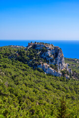 Monolithos Castle in paradise landscape scenery - travel destination on beautiful island Rhodes,...