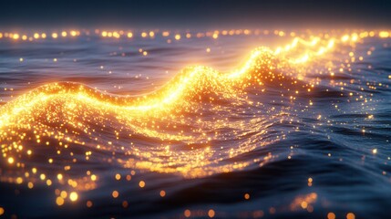 Naklejka premium Magical golden waves illuminating the ocean coastal night digital art serene atmosphere aerial view beauty