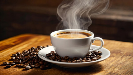 Fototapeta premium A warm and inviting cup of coffee with freshly roasted beans, captured in soft natural light for a cozy atmosphere