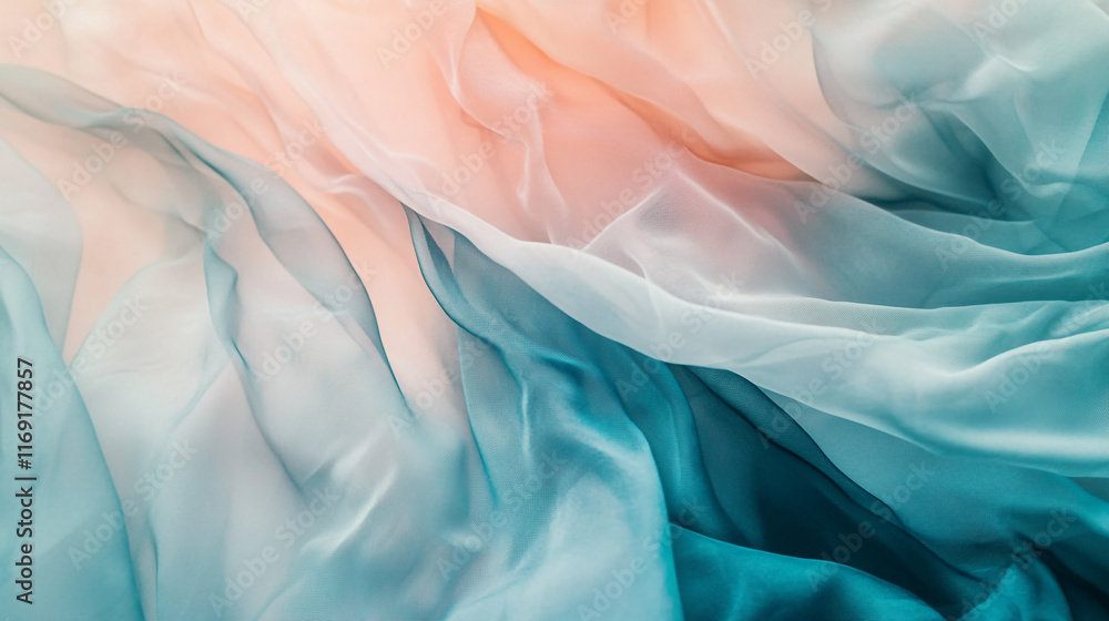 Poster soft flowing fabric in gradient hues of peach and teal creates an ethereal background