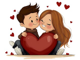 A lively cartoon illustration of two characters riding a heart-shaped carousel on a white background. The whimsical and colorful design captures the fun and excitement of love, perfect for stock 