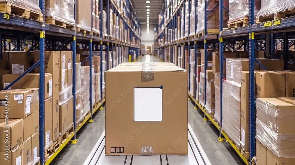 Poster cargo management on tracking and network. warehouse with stacked boxes and an empty cart in the aisl