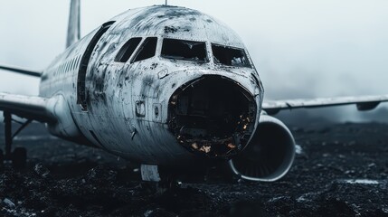 Fototapeta premium A weathered airplane wreckage rests on a desolate landscape, showcasing decay and neglect against a moody, overcast sky.