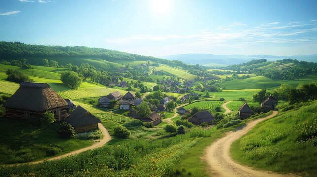 A picturesque village nestled among rolling green hills under a clear blue sky, with thatched cottages and winding dirt paths. 