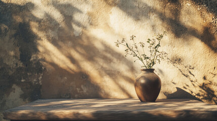 Simple vase with flowers on rustic table against warm wall during afternoon light