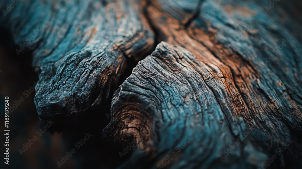 Poster close-up view of textured wood with unique patterns illuminated by soft light in nature