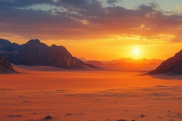 Glowing orange hues enveloping wadi rum desert during a vibrant sunset in jordan, with dramatic sandstone mountains and a cloudy sky enhancing the breathtaking landscape