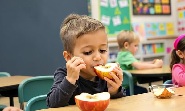 Kindergartener sitting at a snack table biting into an apple with a content smile while chatting with friends, showcasing joy and community