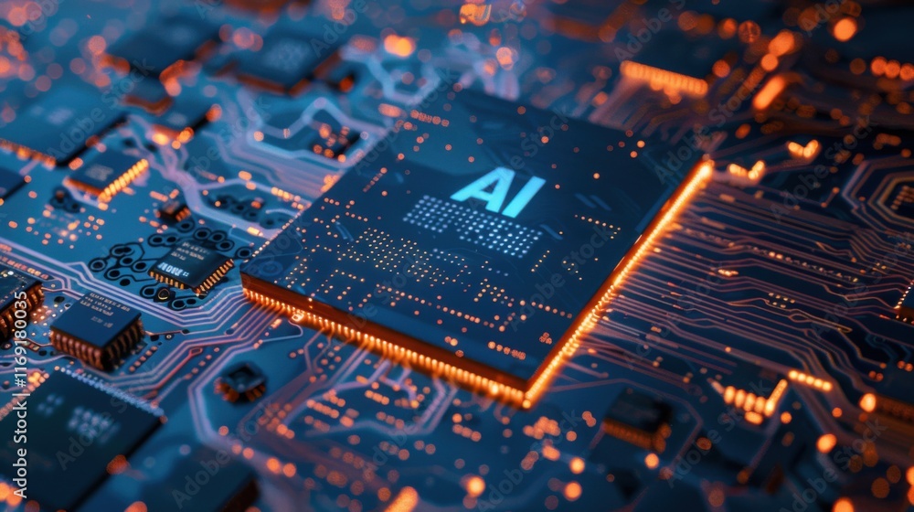 Poster motherboard with ai written on it. concept ai (artificial intelligence) technology, chip ic on pcb, 