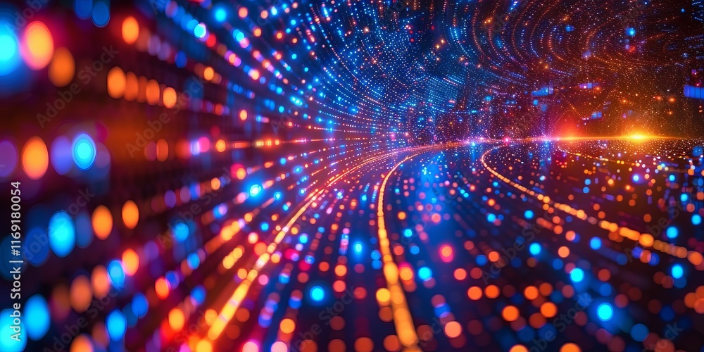 Poster abstract glowing data stream with vibrant blue and orange light particles creating a futuristic digi