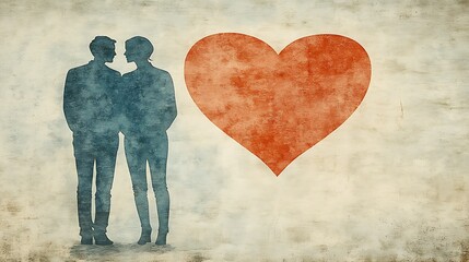 A vibrant illustration of a couple enjoying a sunset together, with heart-shaped clouds floating in the sky on a white background. The romantic and colorful design captures the essence of love, 