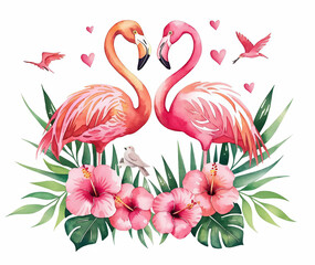 Romantic Flamingos with Tropical Flowers and Hearts