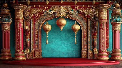 A red and gold stage with ornate decorations and hanging lanterns against a teal background.