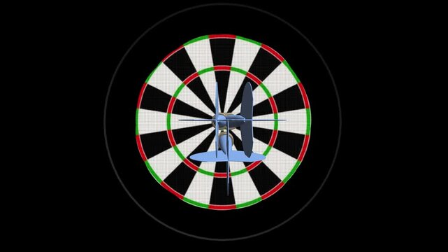 throws 3 darts one round. arrows fly and hit the target exactly in the middle. 3d render sport animation. fast dynamic camera