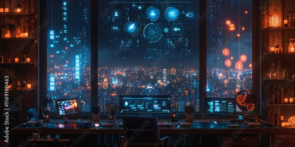 Aufkleber futuristic workspace overlooking a glowing cityscape with holographic interfaces and ambient lightin