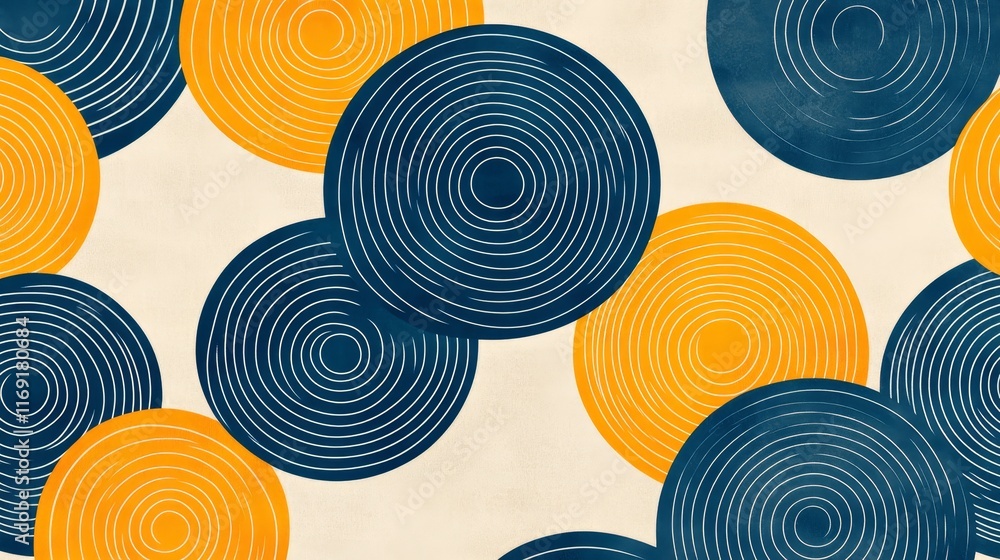 Poster abstract design featuring circular patterns in blue and orange on a light background.