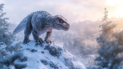 Majestic Winter Dinosaur Perched Atop Snowy Peak