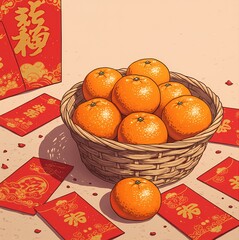 Chinese new year theme illustration red packets mandarin oranges celebration