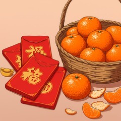 Chinese new year theme illustration red packets gold ingots mandarin oranges celebration