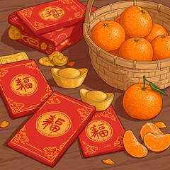 Chinese new year theme illustration red packets gold ingots mandarin oranges celebration