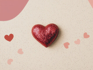 Fototapeta premium sparkling red heart with glitter on beige background with smaller hearts