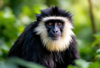 A black and white colobus monkey with a distinctive white ruff around its face, sitting in a lush green forest environment