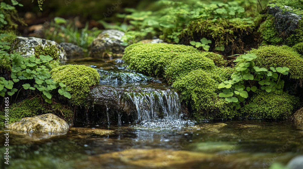 Poster flowing stream surrounded by lush greenery and rocks in a tranquil forest setting