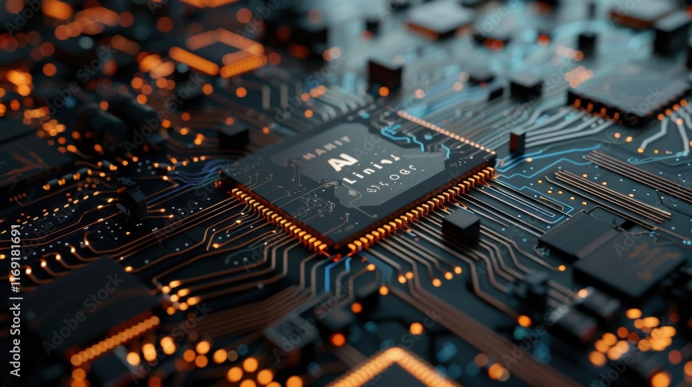 Poster motherboard with ai written on it. concept ai (artificial intelligence) technology, chip ic on pcb, 