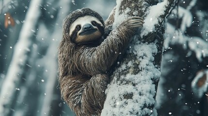A Sloth Clinging To A Snowy Tree In Winter