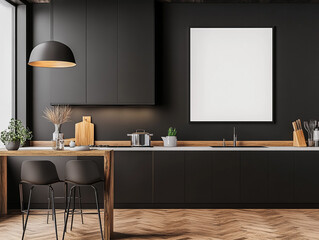 Wall art mockup in modern and contemporary kitchen with dark brown hues. 