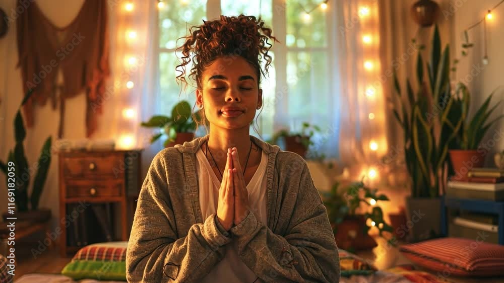 Poster a person sits cross-legged on a colorful rug, hands in prayer position, enjoying a moment of meditat