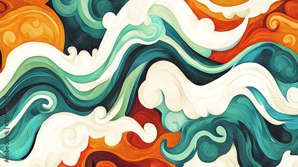 Poster abstract swirling waves in vibrant colors create a dynamic and fluid visual composition.