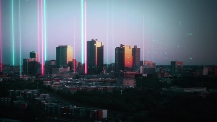 Fort Worth's skyline glowing at dusk, featuring a futuristic digital data overlay that enhances the urban landscape with innovative technology and vibrant visuals