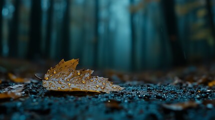 A close-up of raindrops on a leaf in a forest